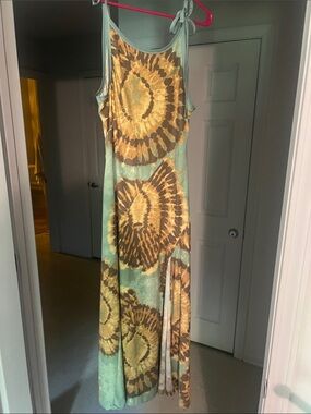 Free People tie dye boho Aqua/Tan Spiral shoulder Ties Maxi Dress
